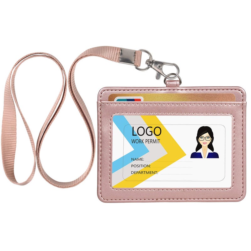 Teskyer Badge Holder with Lanyard, Leather ID Name Badge Card Holder with Lanyard for ID Badges, Horizontal Rose Gold - Image 1